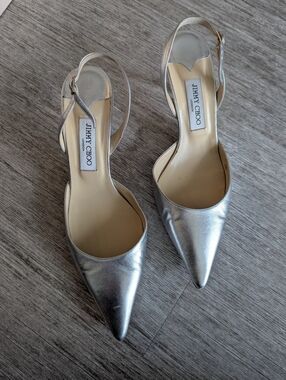 Jimmy Choo Silver Pointed-Toe Slingback Kitten-Heel Pumps, Size 42